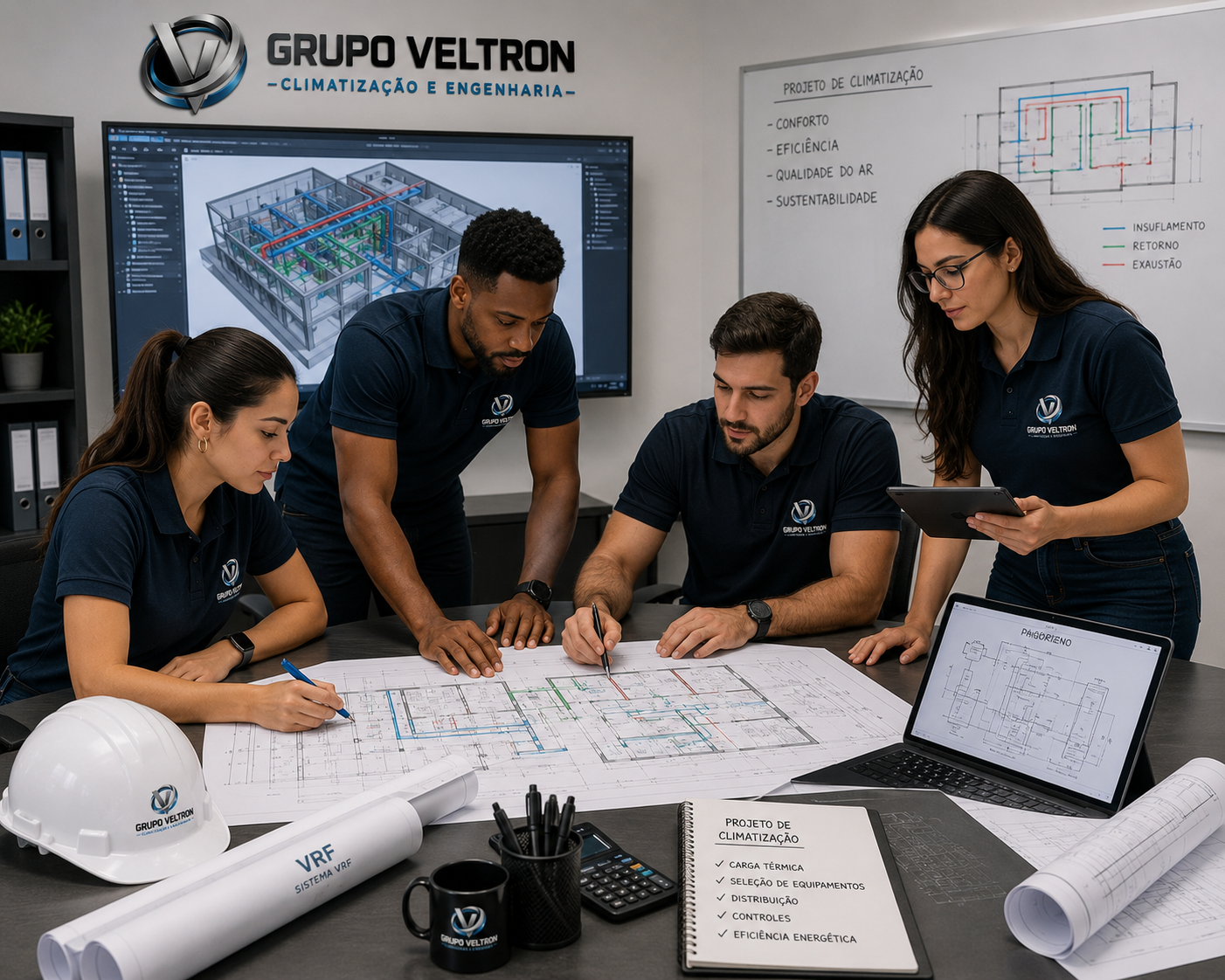 Equipe de engenharia Grupo Veltron elaborando projeto de climatização